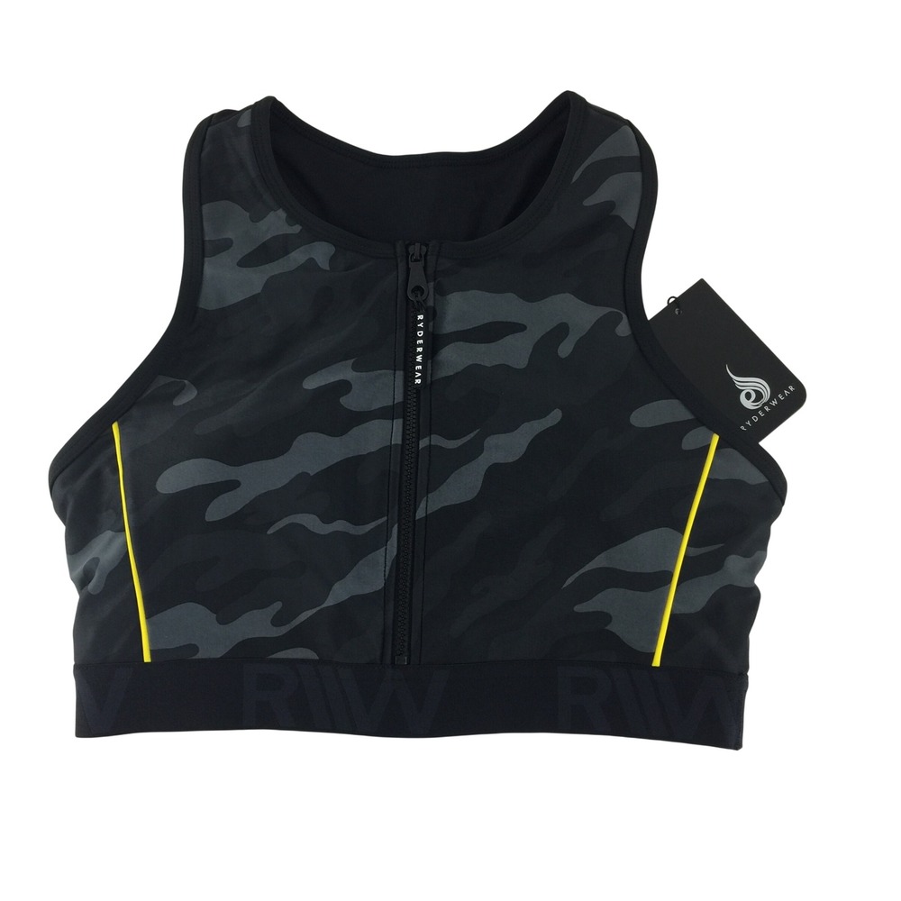 Ryderwear Zip Up Sports Bra Womens Medium Black Camo Racerback Athletic Gym NWT